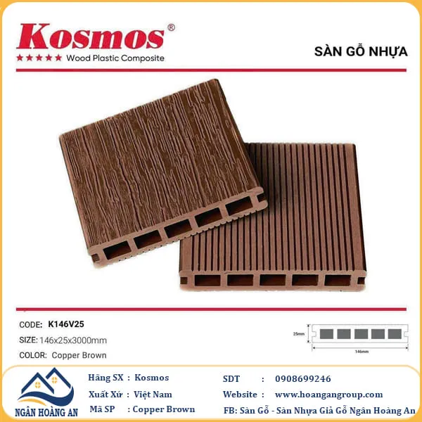 Sàn Gỗ Nhựa Kosmos 5 Lỗ Vuông Vân Tự Nhiên 3D K146V25 Copper Brown